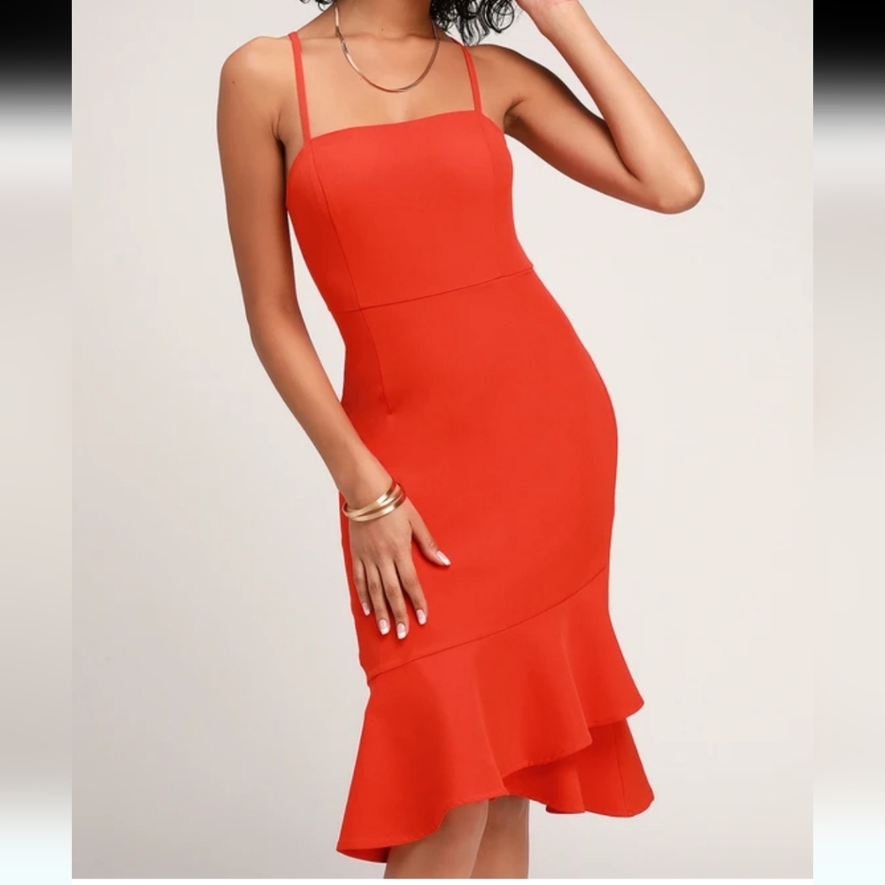 Lulu's Red Midi Ruffled Hem Bodycon Dress
